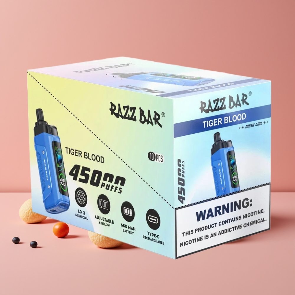 Razz Bar 45000 Puffs タイガーブラッド 1.0Ohmメッシュコイル Type-C充電